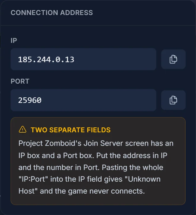 Das Join-Popover im DoomHosting Panel mit denselben IP- und Port-Feldern