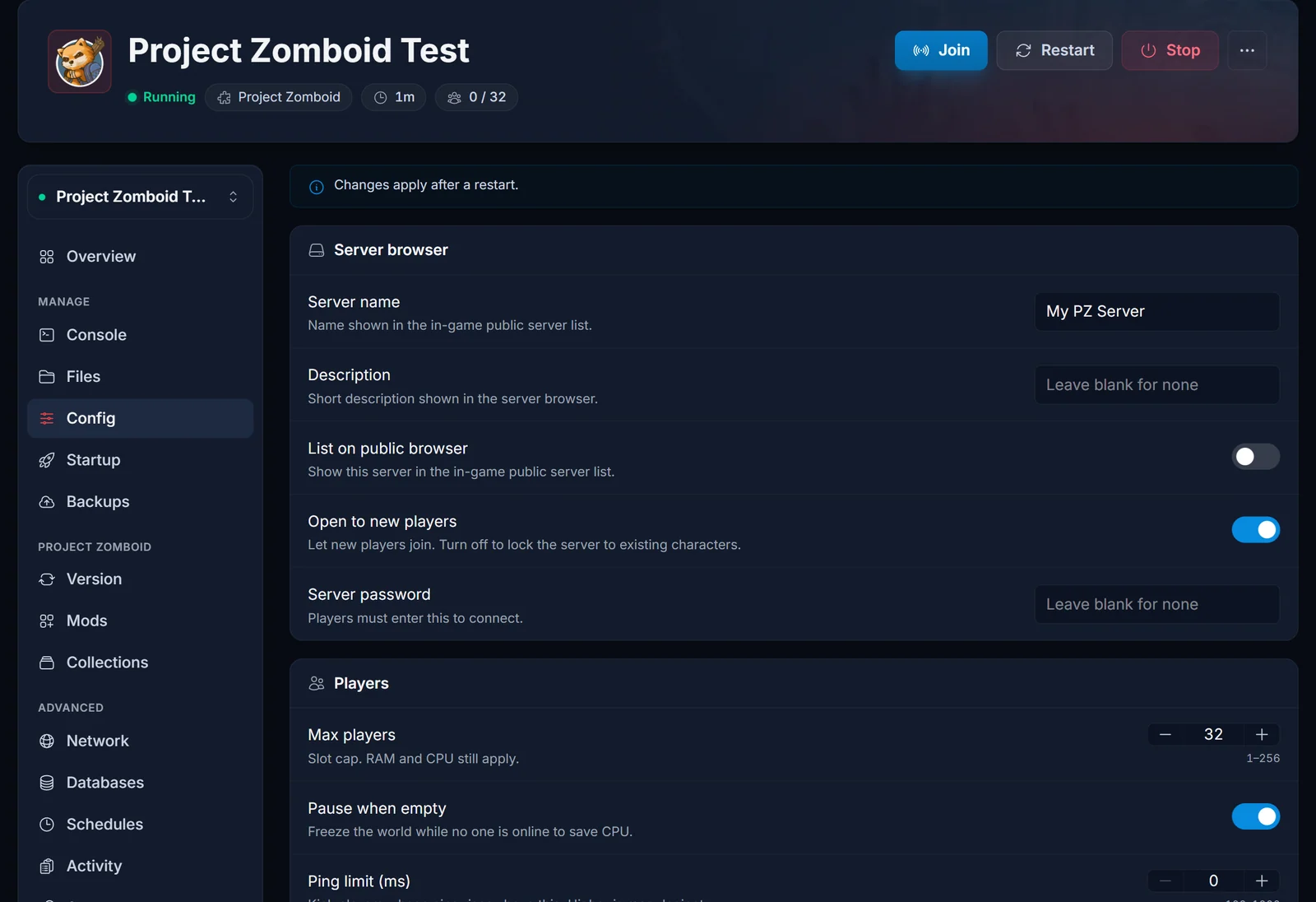 Der Config-Tab im DoomHosting Panel mit dem Feld Server password im Abschnitt Server browser