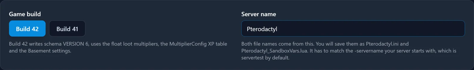 DoomHosting Project Zomboid Server Config Generator med fältet Server name satt till Pterodactyl