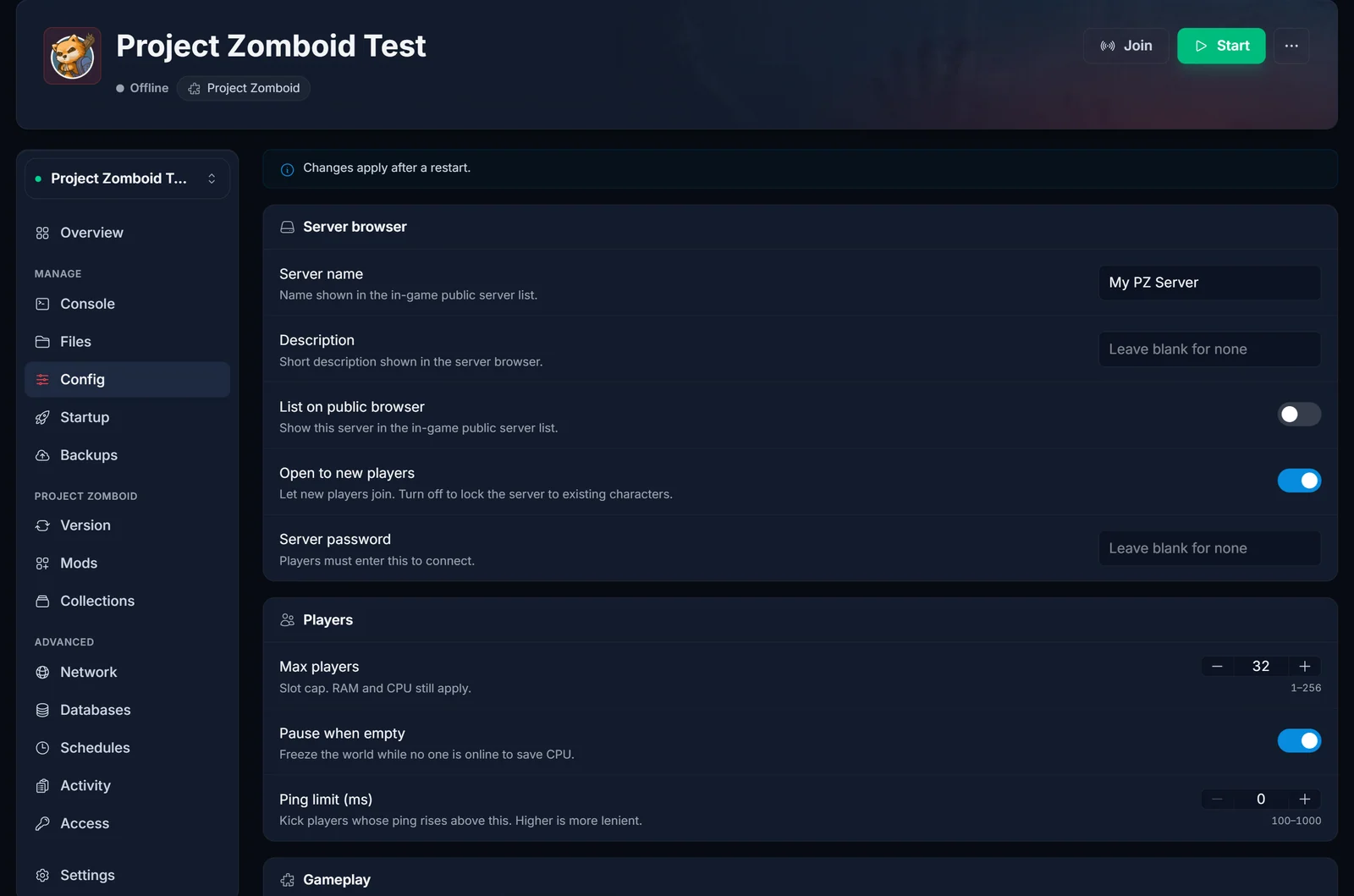 Config-fliken för Project Zomboid i DoomHosting-panelen med inställningar för server browser, spelare och gameplay