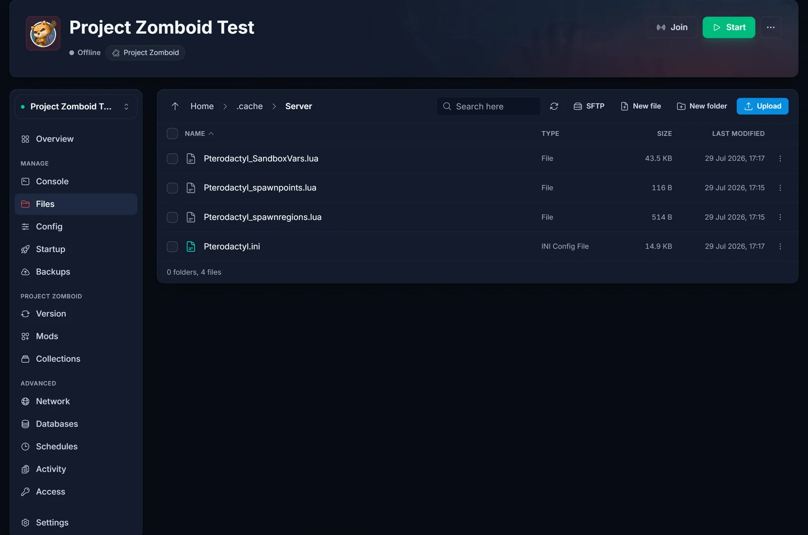Project Zomboid config-filer i DoomHosting File Manager under .cache/Server