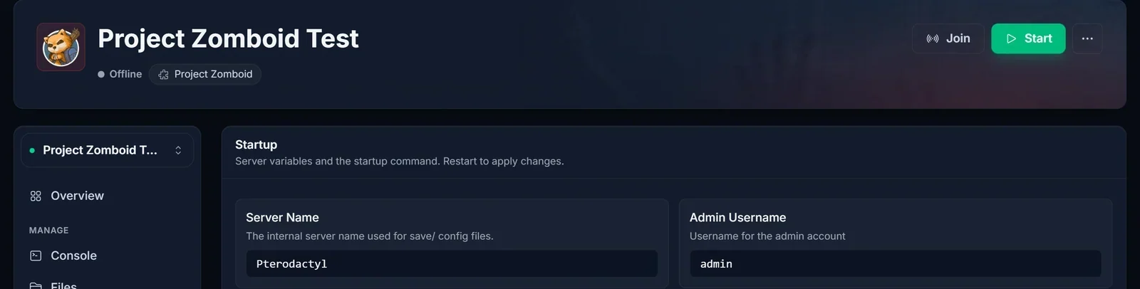 Startup-fliken i DoomHosting-panelen med variabeln SERVER_NAME för Project Zomboid