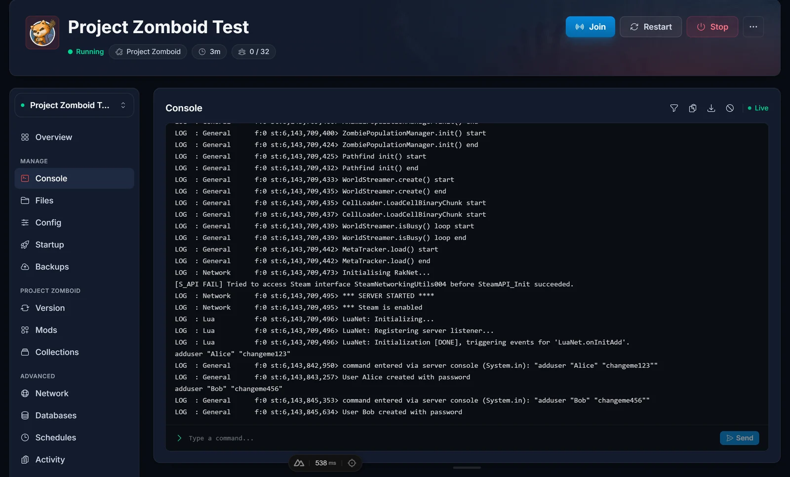 Console-fliken i DoomHosting-panelen med ett kommando och serverns svar