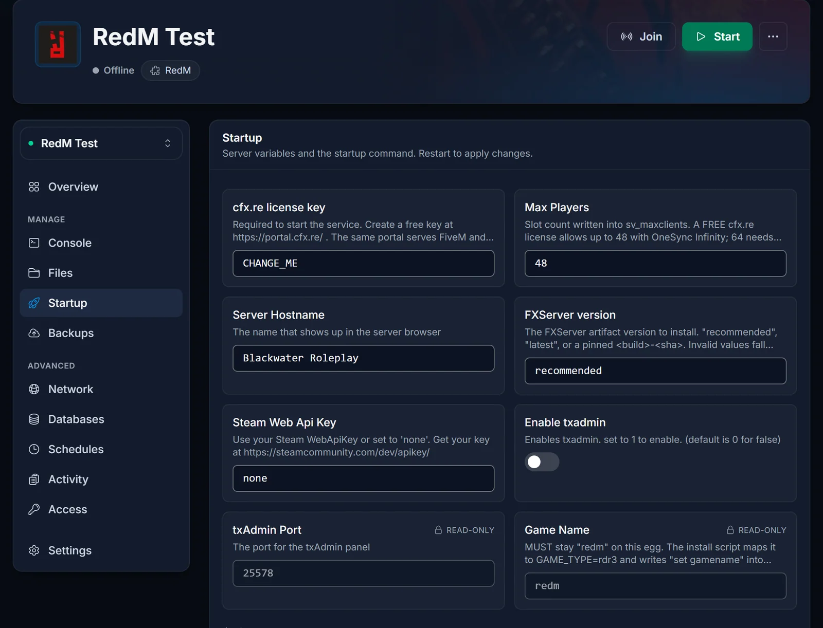 Zakładka Uruchamianie serwera RedM z polami Server Hostname, Max Players, FXServer version i przełącznikiem txAdmin