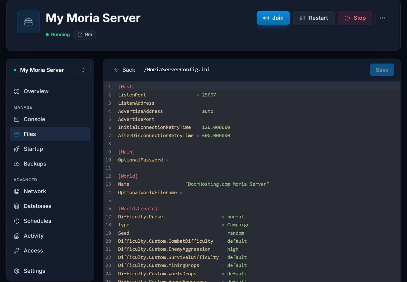 MoriaServerConfig.ini avattuna DoomHosting-paneelin tiedostoeditorissa, jossa näkyvät osiot Host, Main, World ja World.Create