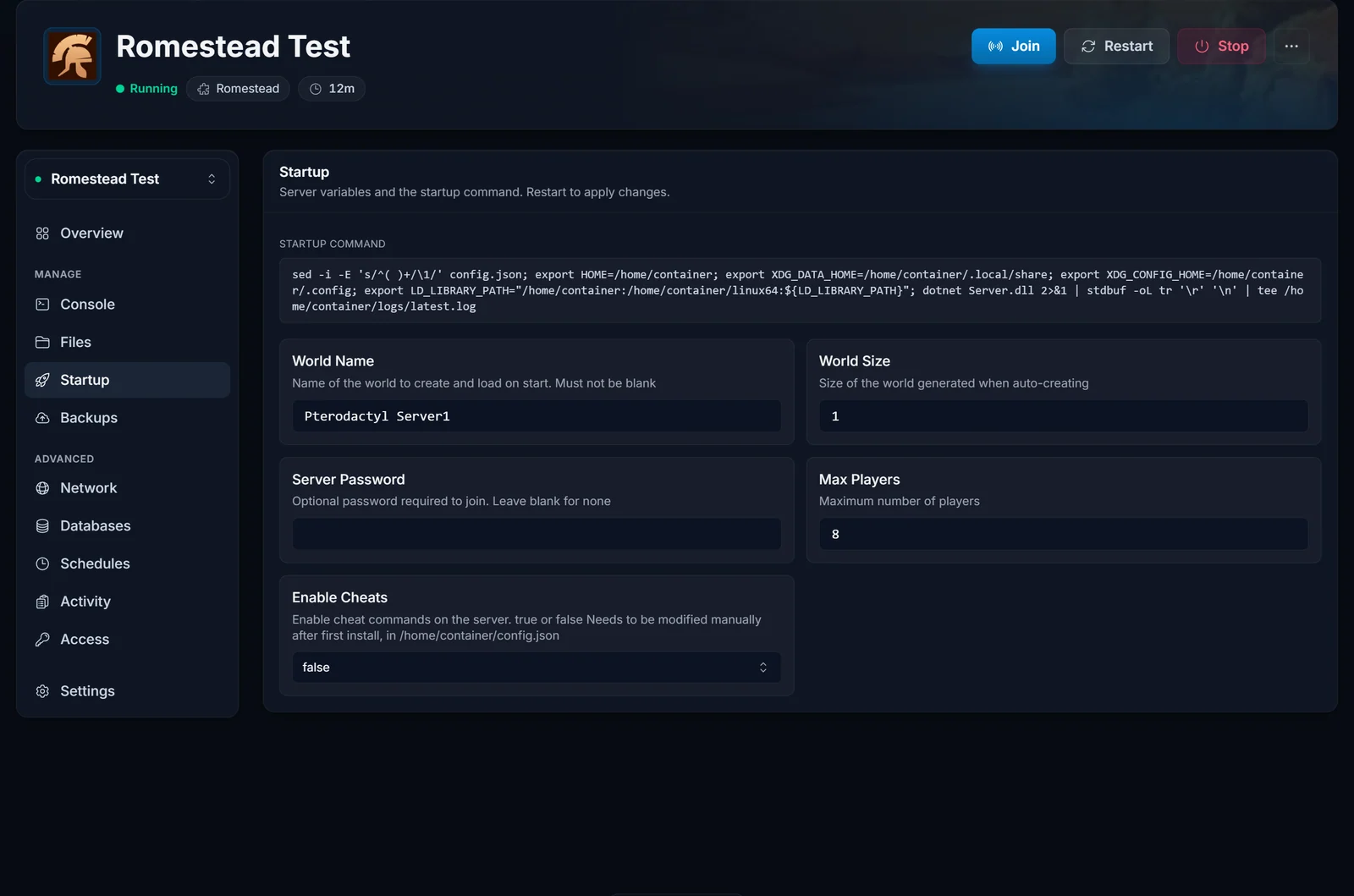 The Romestead Startup tab showing the World Name field