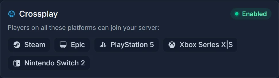 Crossplay-kortet på DoomHosting-panelets Overview, som lister Steam, Epic, PlayStation 5, Xbox Series X og S samt Nintendo Switch 2 som platforme, der kan joine