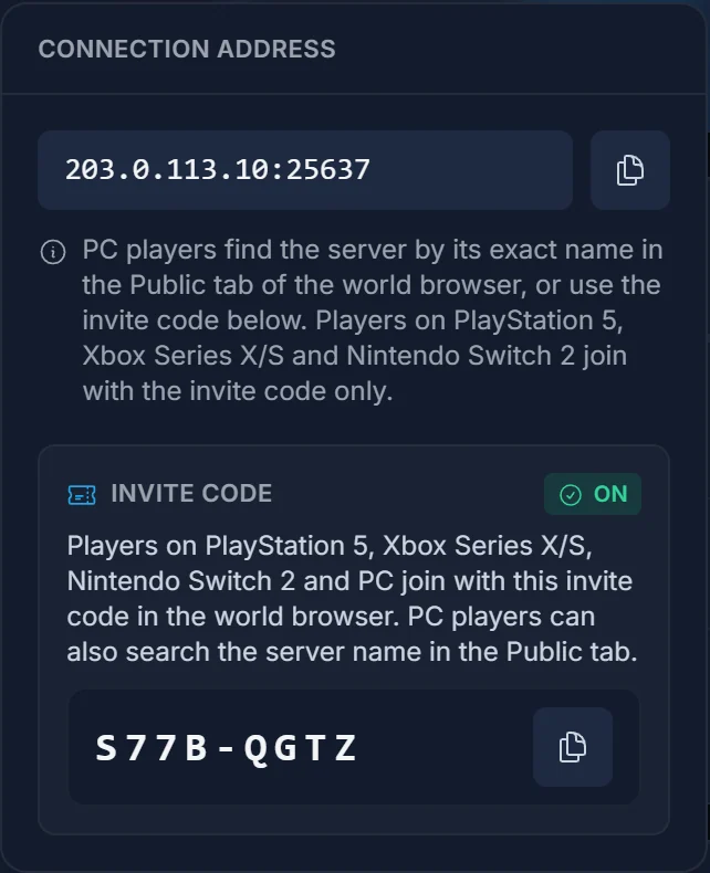 Connection address-kortet i DoomHosting panelet med IP, port og Invite code til en RuneScape: Dragonwilds server
