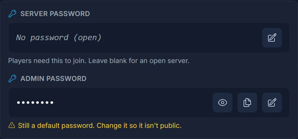 Passwords-kortet i DoomHosting panelet med felterne server password og admin password til en RuneScape: Dragonwilds server