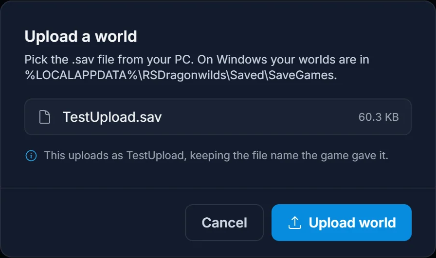 Dialogrutan Upload a world i panelen med den valda .sav-filen och sökvägen till SaveGames