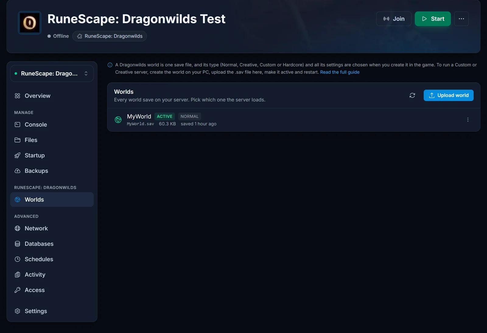 Worlds-fliken på en RuneScape: Dragonwilds-server som visar en sparad värld med en Active-markering och en Normal-typchip