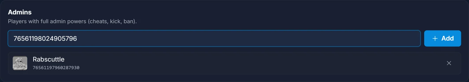 Lägga till en spelare via SteamID i Admins-listan, med den upplösta Steam-profilen visad