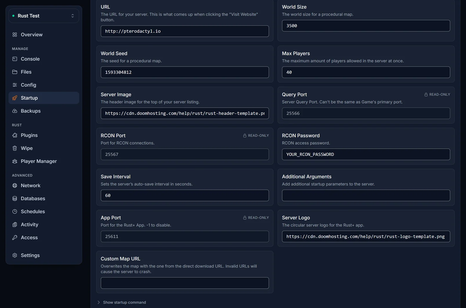 The Startup tab of a Rust server in the DoomHosting control panel, showing the Server Image and Server Logo fields filled with direct image links