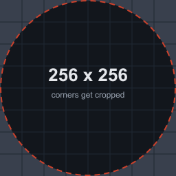 Rust server logo template, 256 by 256 pixels, with a dashed circle showing that the corners of the square get cropped