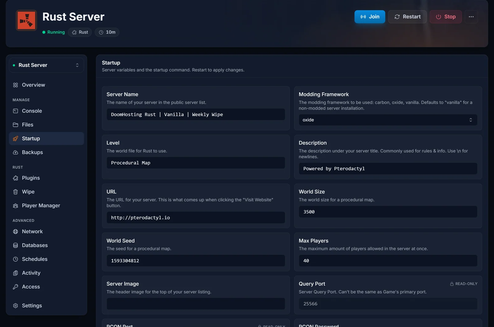 Der Startup-Tab mit den Variablen World Seed und World Size für einen Rust-Server