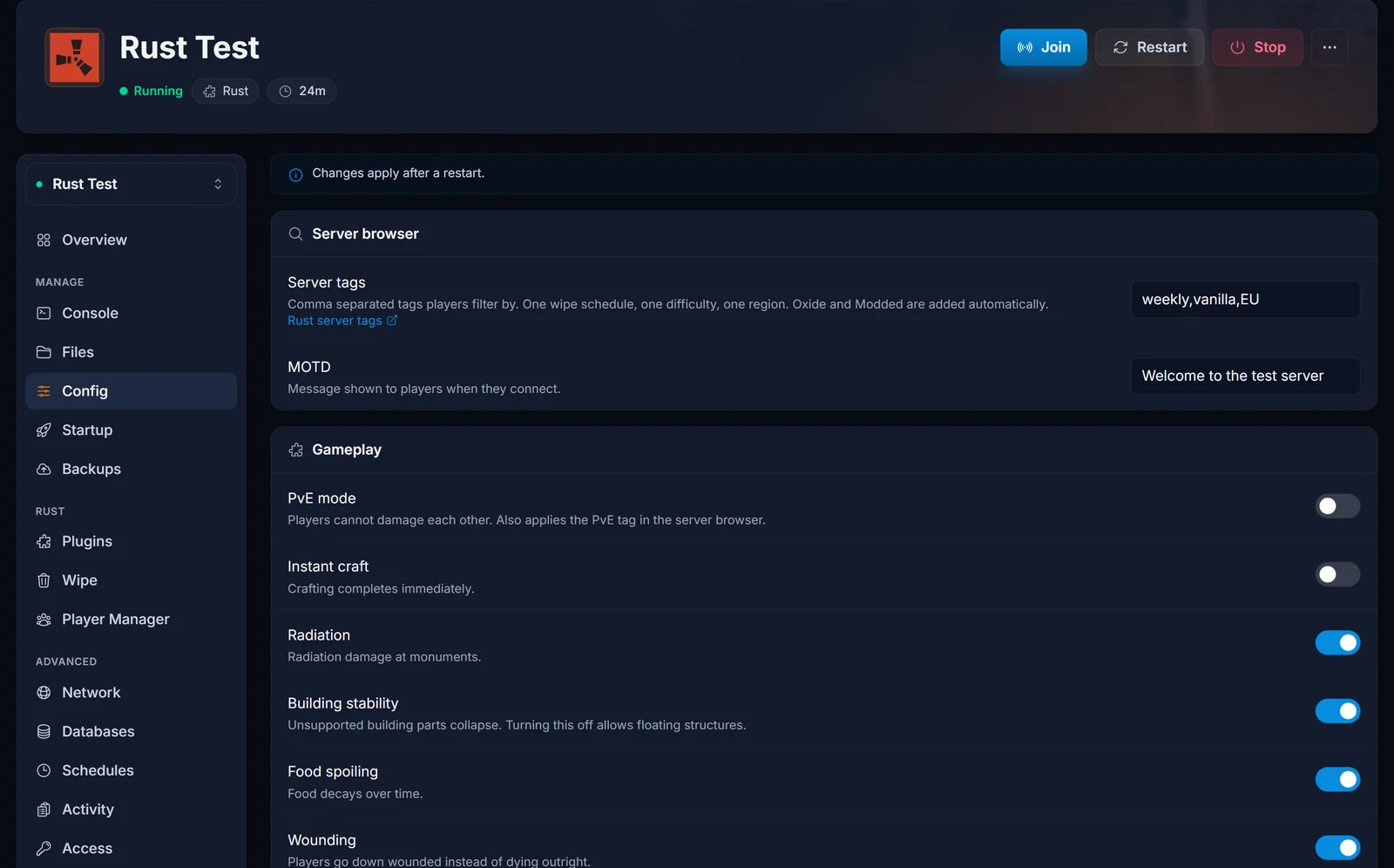 Der Config-Tab eines Rust-Servers im DoomHosting Kontrollpanel mit dem Bereich Server browser und dem Feld für Server Tags