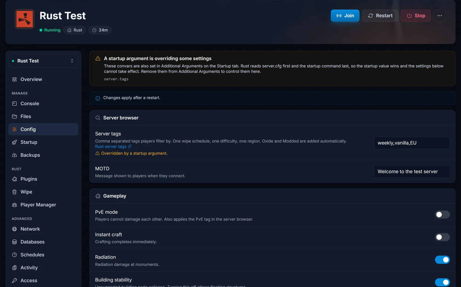 Der Config-Tab mit einer Warnung, dass ein Startup-Argument die Einstellung für Server Tags überschreibt