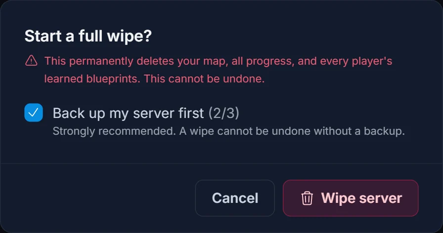 Der Wipe-Bestätigungsdialog mit angehakter Option "back up first"