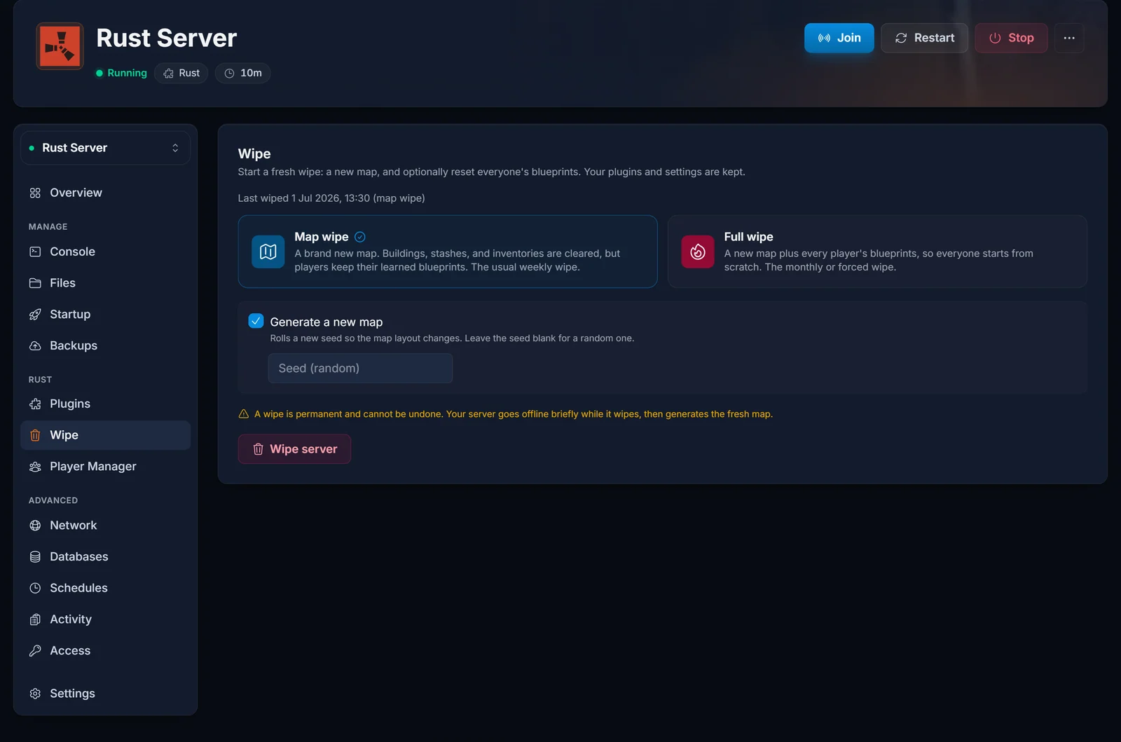 Der Rust Wipe-Tab im DoomHosting Control Panel mit den Optionen für Map Wipe und Full Wipe