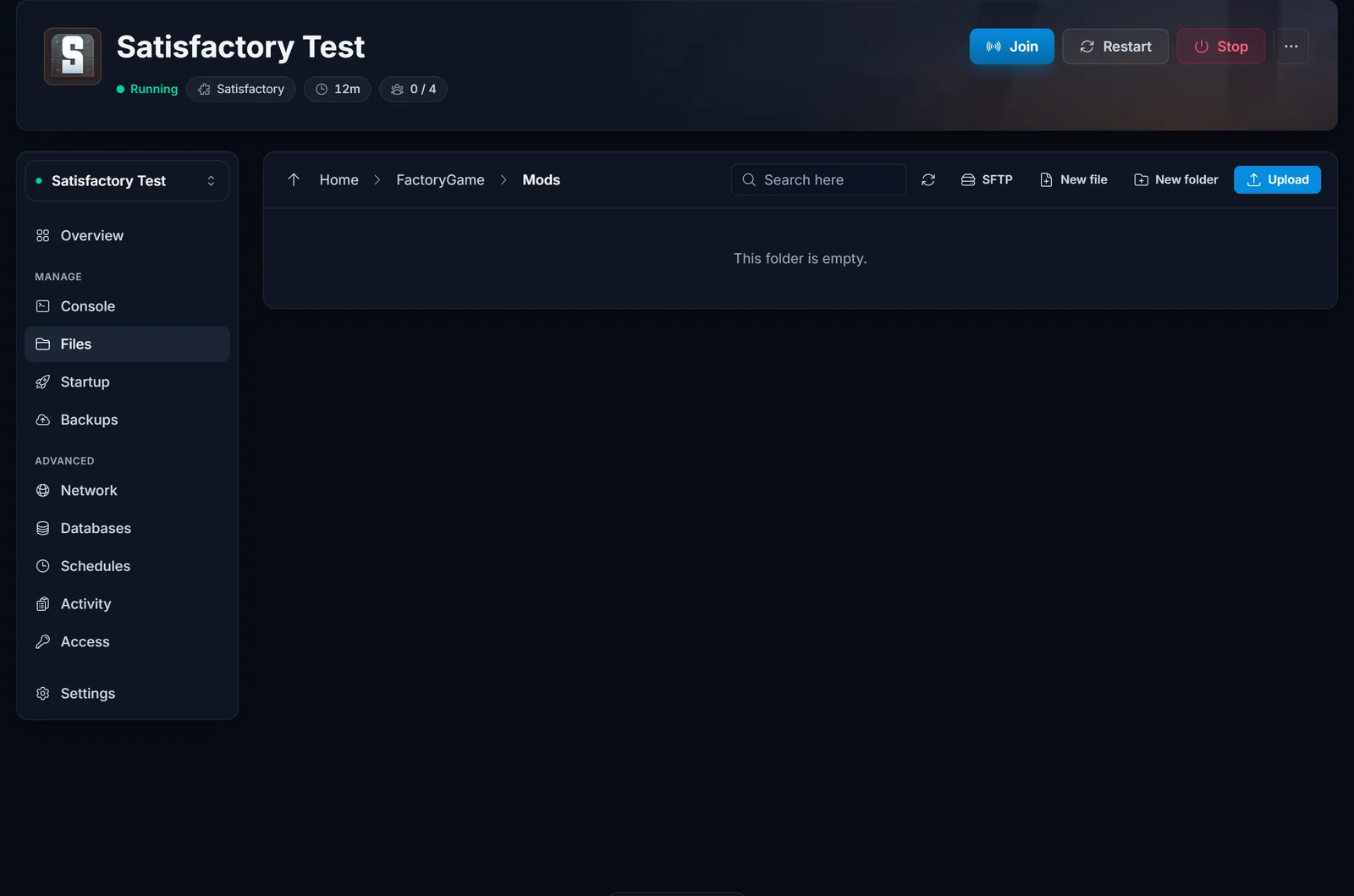 Menedżer plików DoomHosting otwarty na folderze FactoryGame/Mods