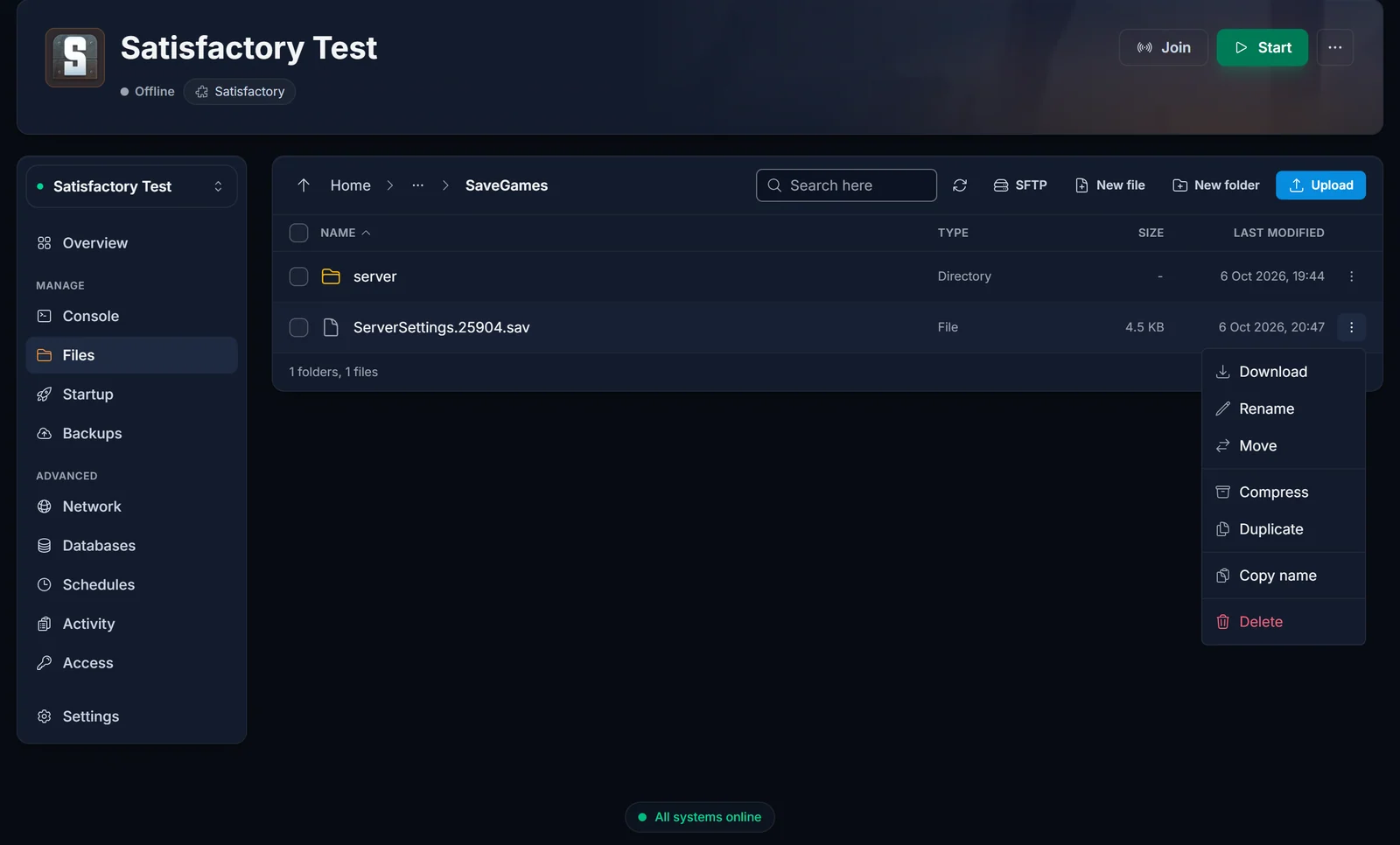 Filmenuen med Slet for ServerSettings-filen