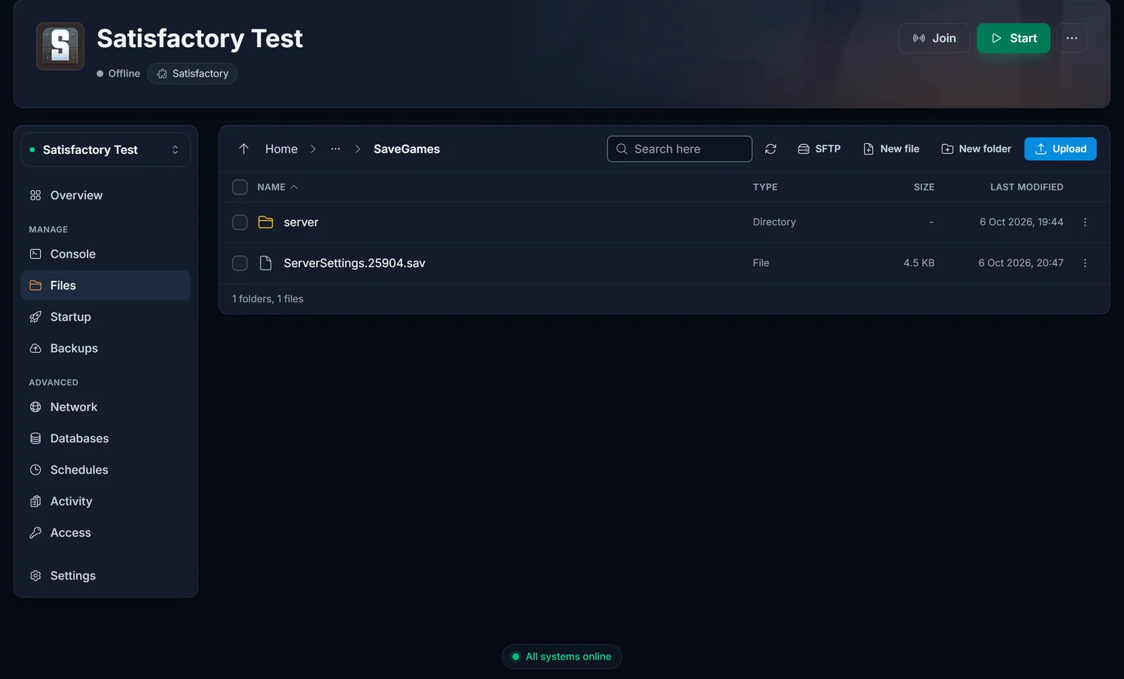 Mappen SaveGames i fanen Filer med mappen server og ServerSettings-filen