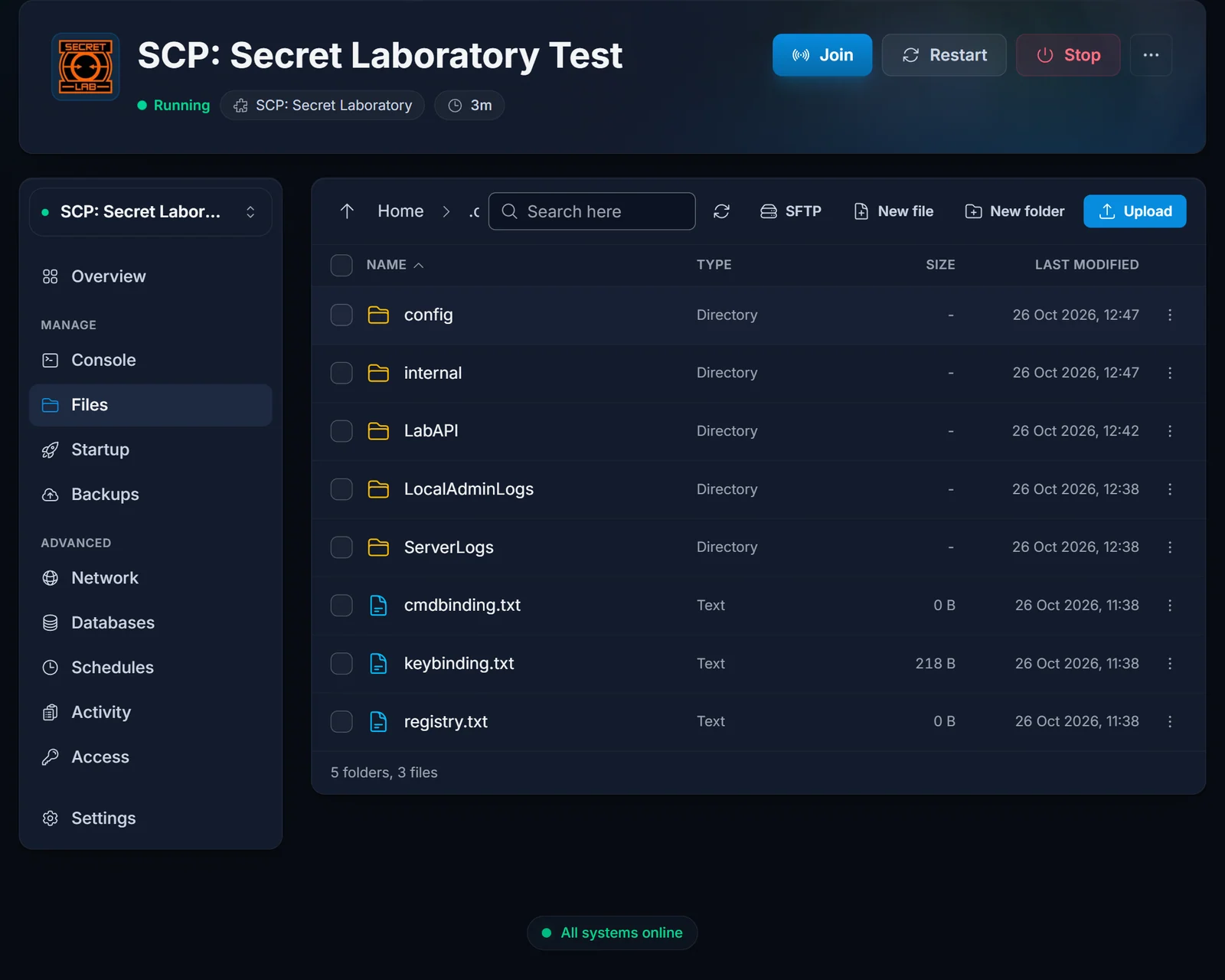 Der Tab Files im Ordner .config/SCP Secret Laboratory mit den Ordnern config, LabAPI und den Logs