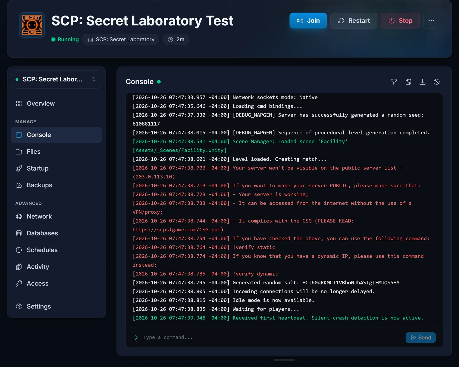 Serverkonsole, in der das Spiel meldet, dass der Server noch nicht gelistet ist, und den Befehl !verify static vorschlägt