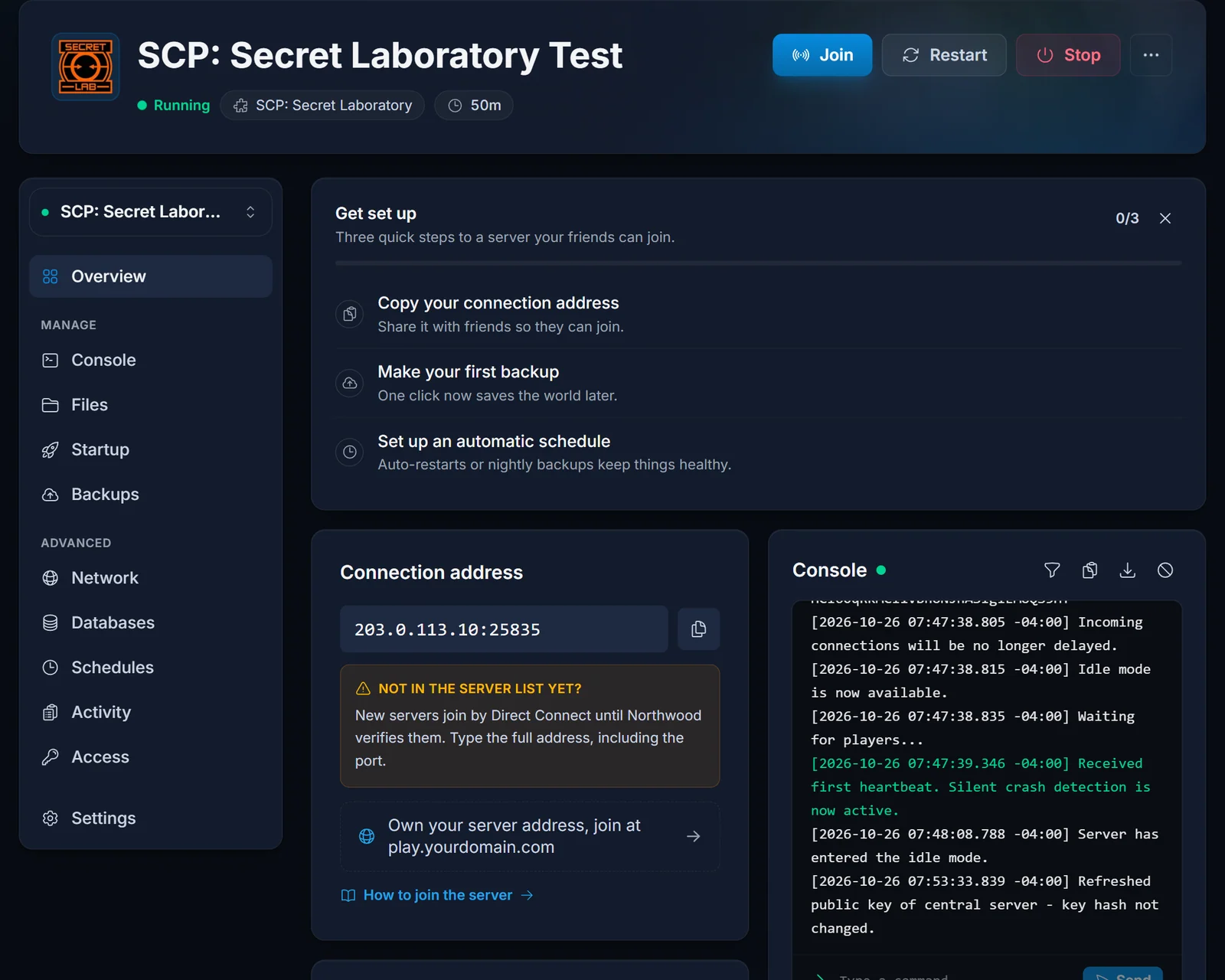 Der Tab Overview eines SCP: Secret Laboratory Servers mit der Verbindungsadresse, dem Kopierknopf und dem Hinweis zu Direct Connect