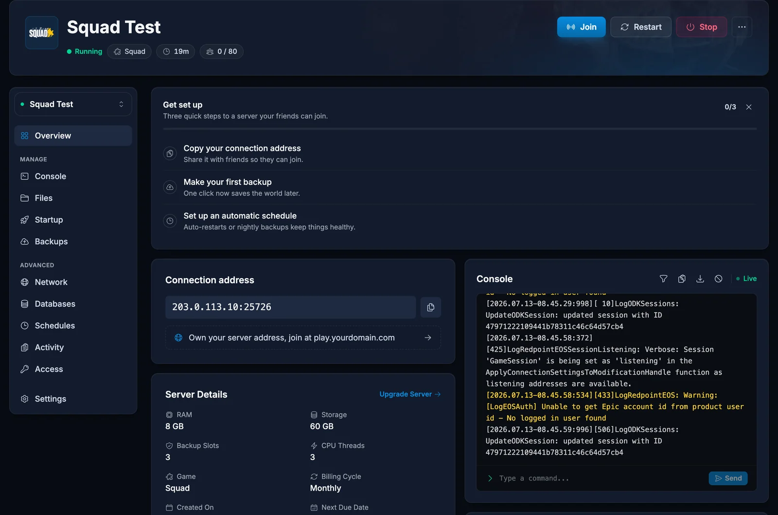Dashboard panelu DoomHosting dla serwera Squad