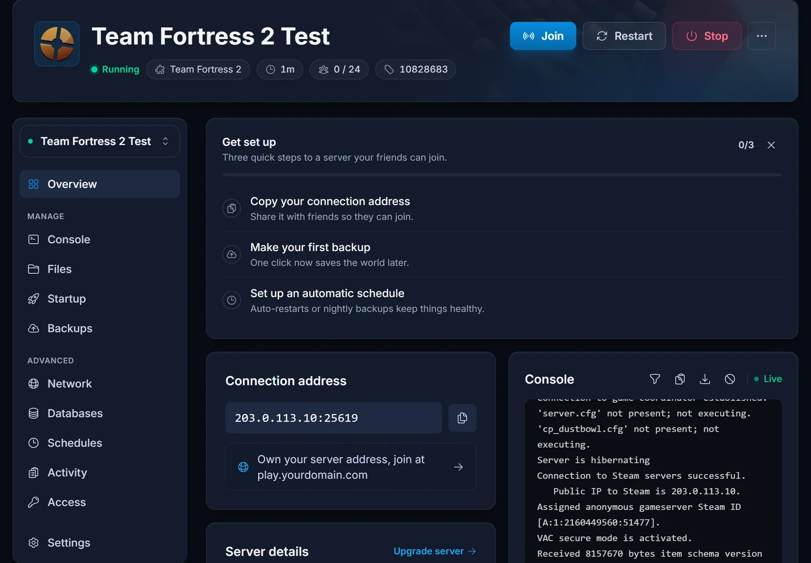 Karta z adresem połączenia serwera Team Fortress 2: serwer działa, widać liczbę graczy i adres do skopiowania