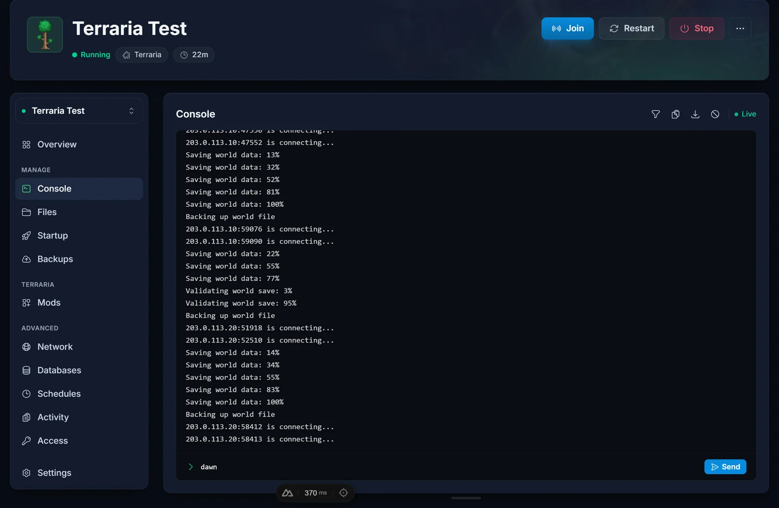 Fliken Console på en Terraria-server i DoomHosting-panelen, redo för ett tidskommando