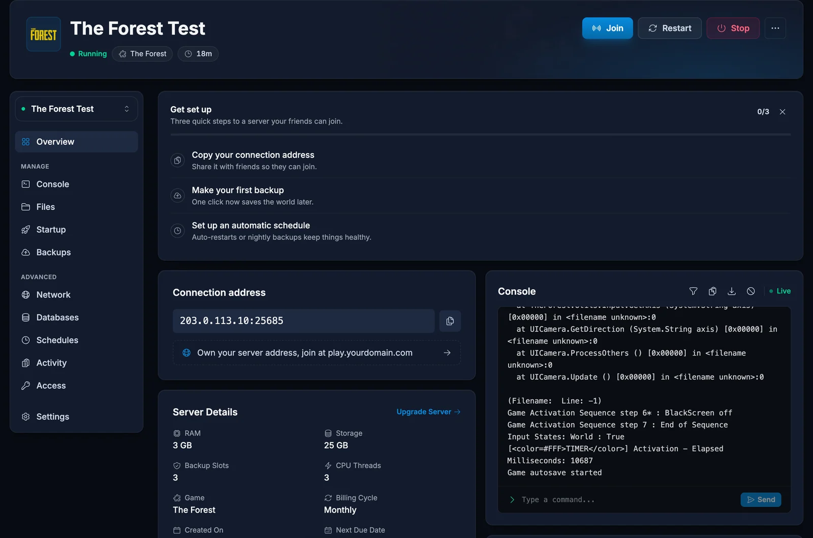 Forbindelsesadressen for en The Forest-server i DoomHosting-panelet