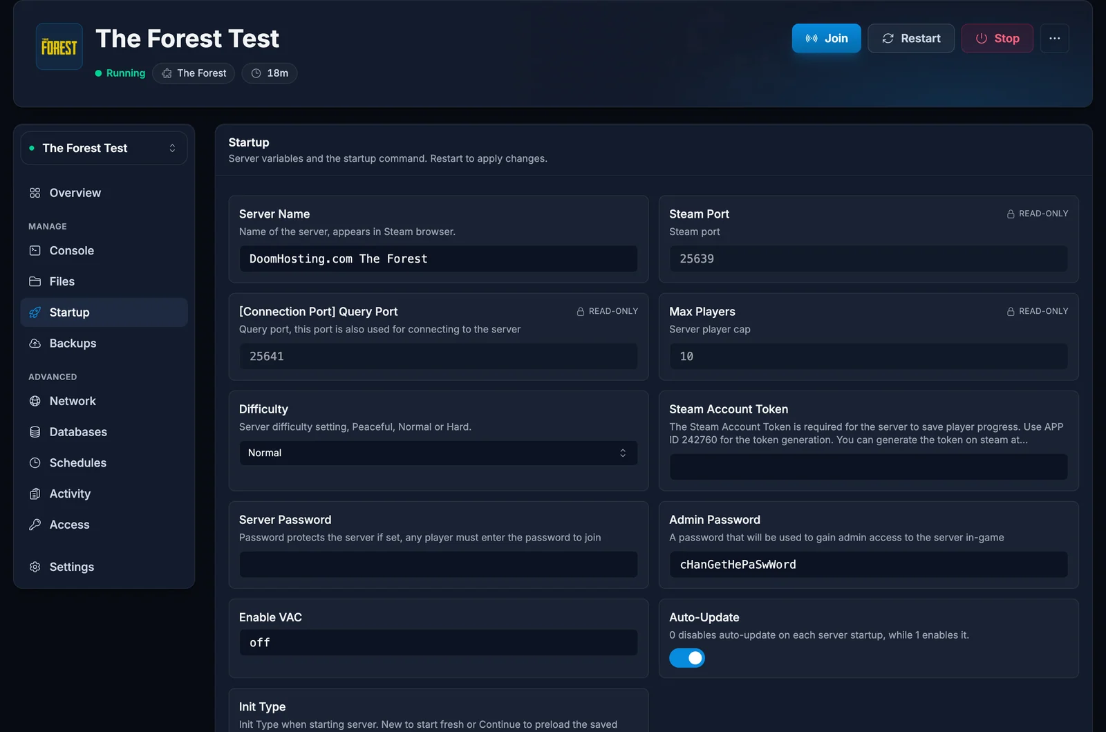 Startup-fanen med Init Type og Steam-token-feltet