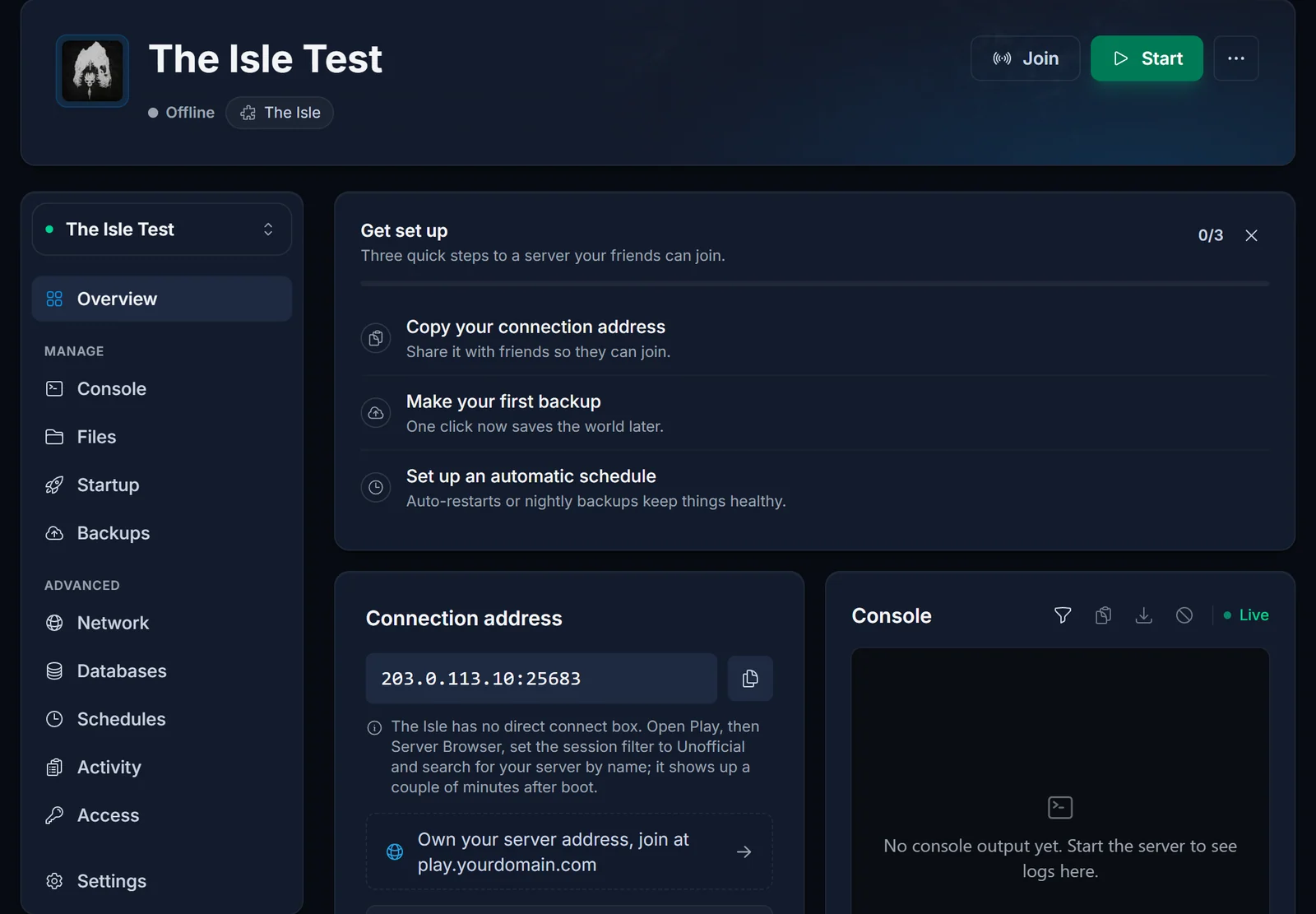 Przegląd serwera The Isle z adresem, przyciskiem kopiowania i uwagą, że gra nie ma pola direct connect