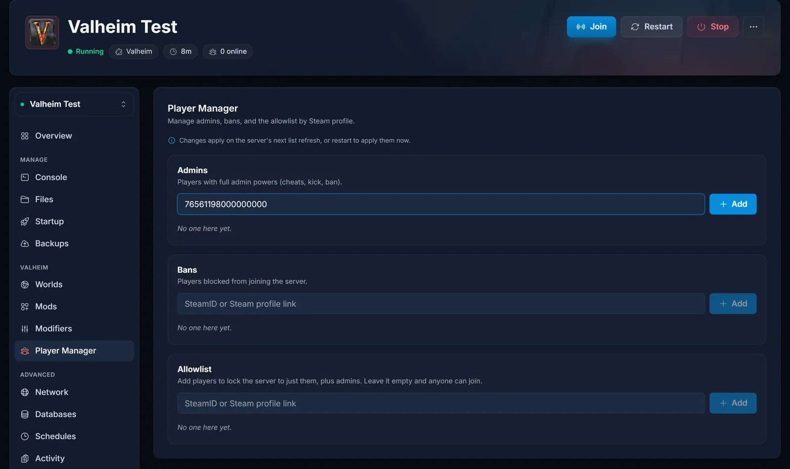 Admins-kortet i panelens Spelarhantering med ett SteamID64 inklistrat i fältet bredvid Lägg till-knappen och korten Bans och Allowlist nedanför