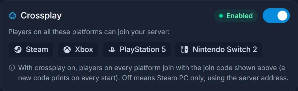 Die Crossplay-Karte im DoomHosting Panel mit aktivem Crossplay, die Steam, Xbox, PlayStation 5 und Nintendo Switch 2 auflistet
