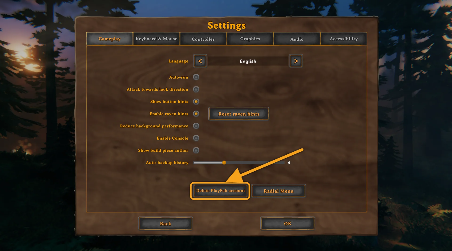Valheim-Gameplay-Einstellungen mit hervorgehobener Schaltfläche Delete PlayFab account