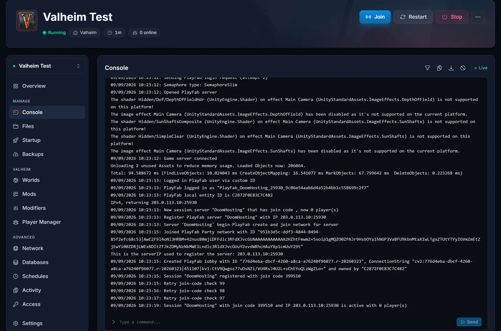 Konsolen för en Valheim-server i DoomHosting-panelen under en frisk uppstart