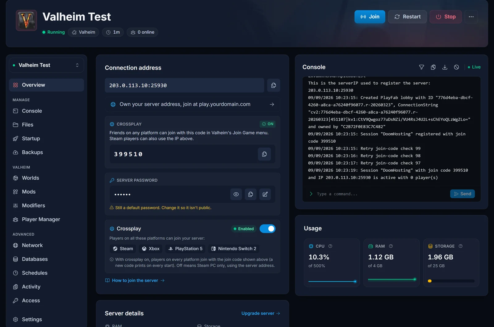 Fliken Overview för en körande Valheim-server i DoomHosting-panelen