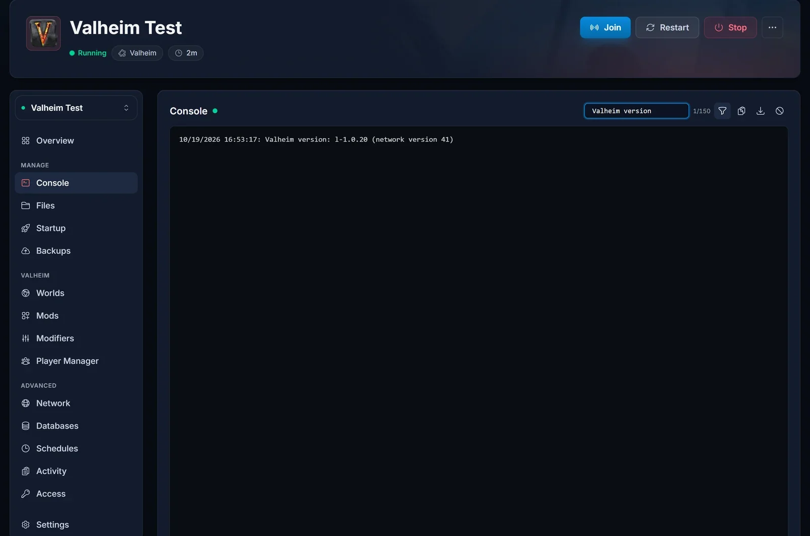 L'onglet Console du panel DoomHosting filtré sur Valheim version, avec la ligne où le serveur indique sa build et sa version réseau
