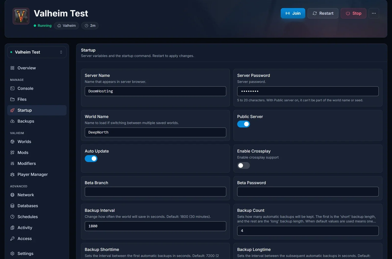 L'onglet Startup du panel DoomHosting pour un serveur Valheim, avec l'interrupteur Auto Update et les champs de branche bêta