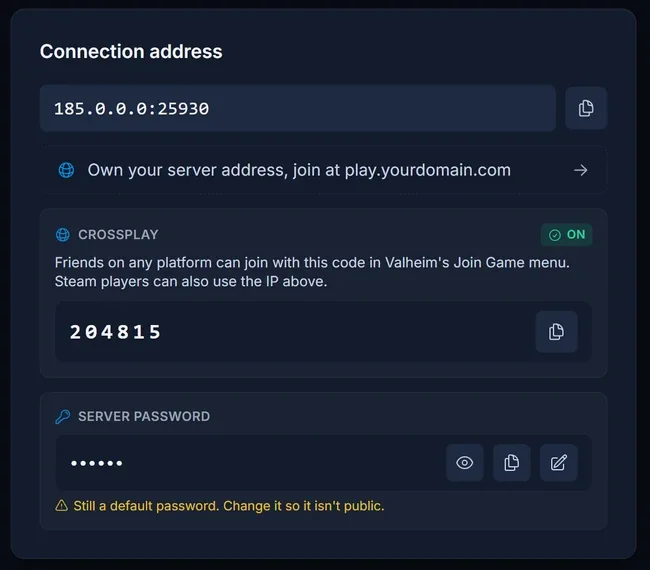 Karta połączenia Valheim w panelu DoomHosting z adresem, crossplayowym join code i hasłem serwera