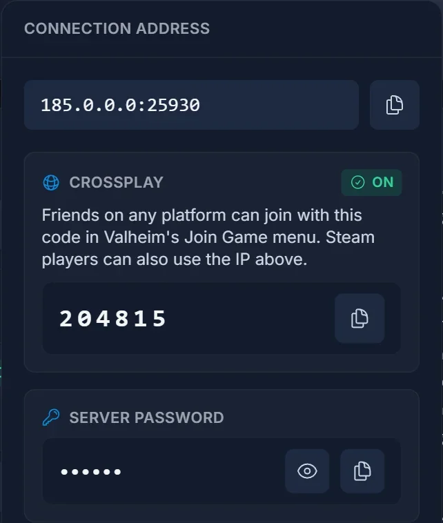 Popover Join w nagłówku panelu DoomHosting z tymi samymi danymi połączenia Valheim