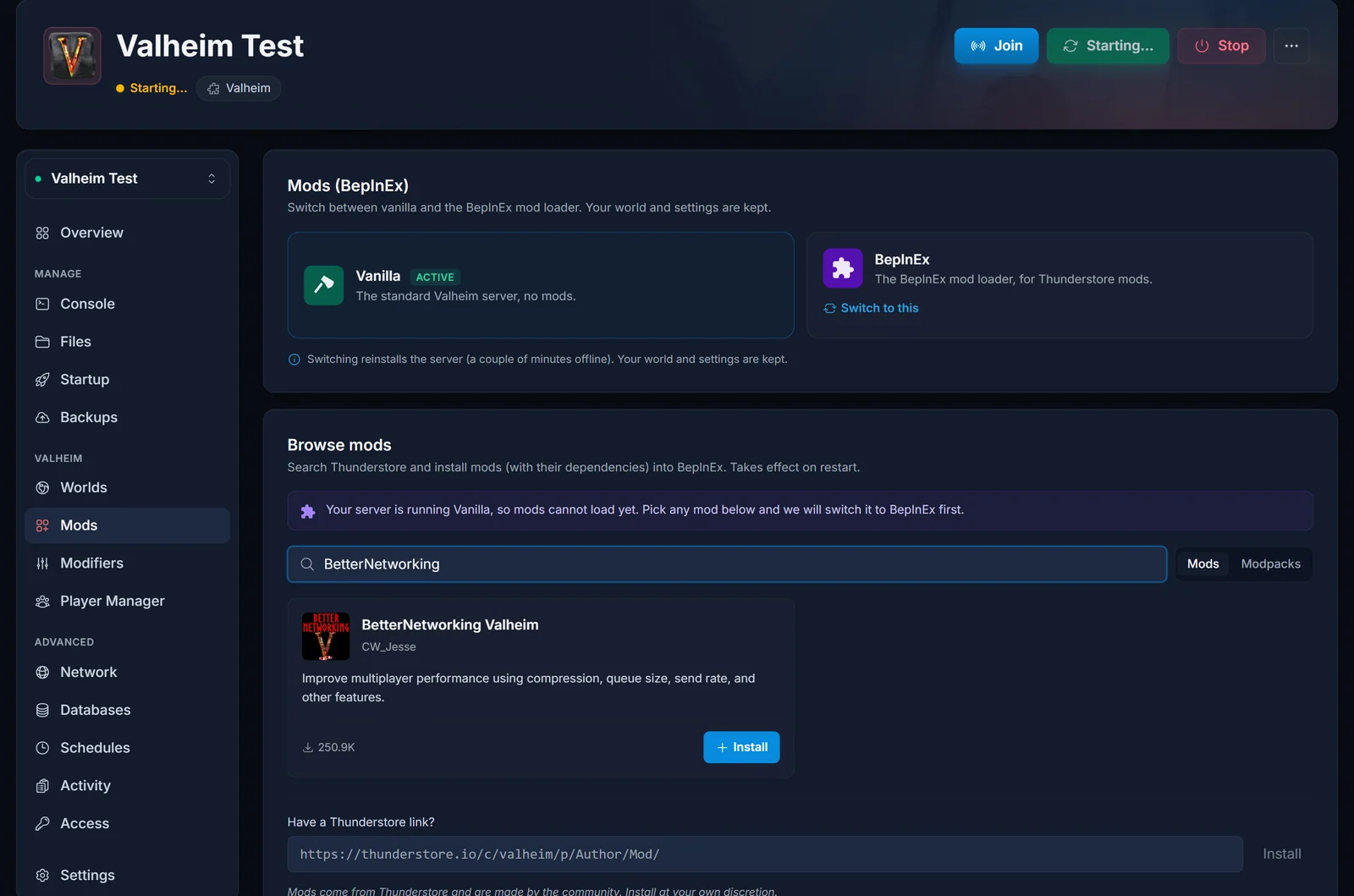 Mods-fanen i DoomHosting-panelet med BetterNetworking Valheim fundet i søgeresultaterne fra Thunderstore