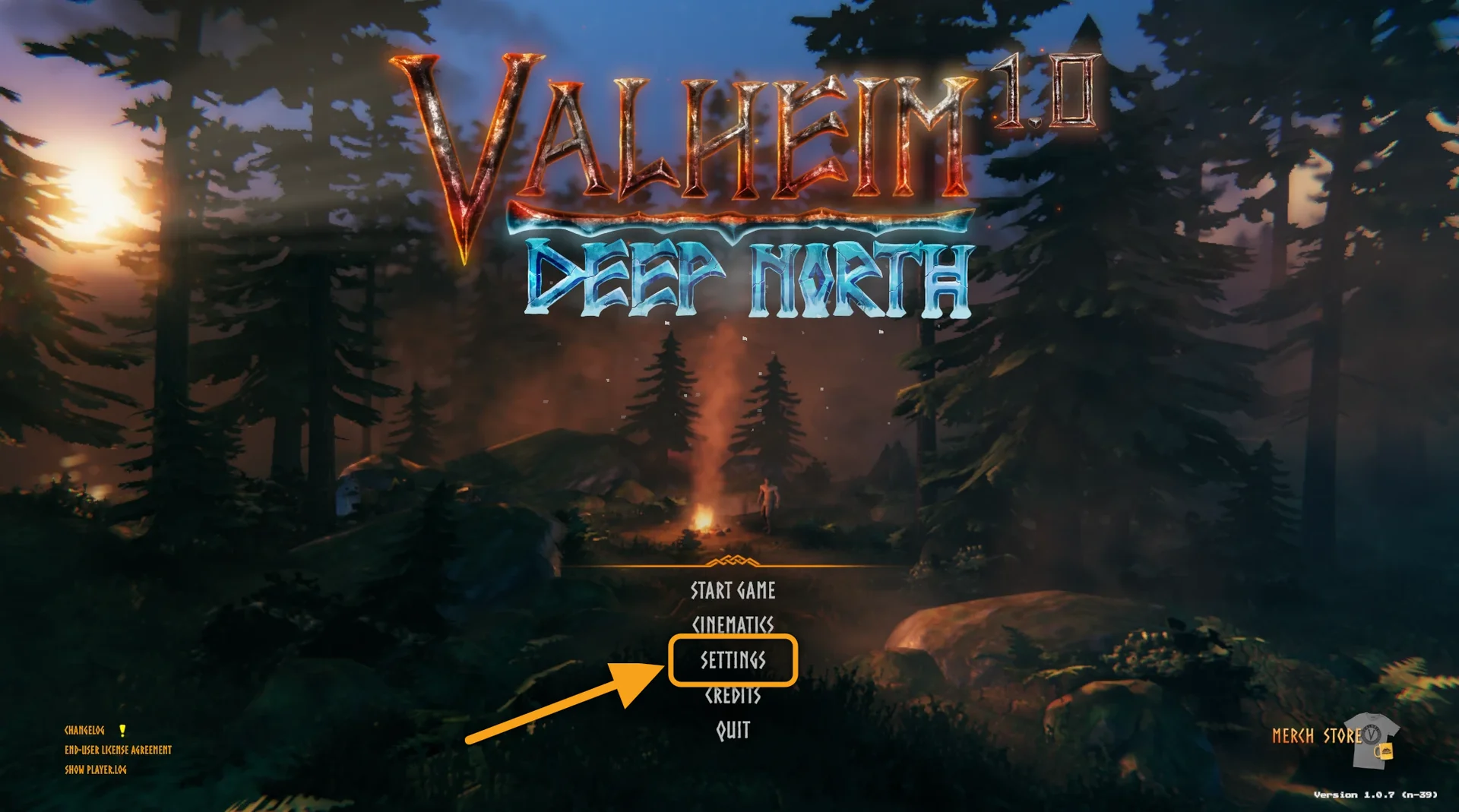Valheim-Hauptmenü mit hervorgehobenem Settings