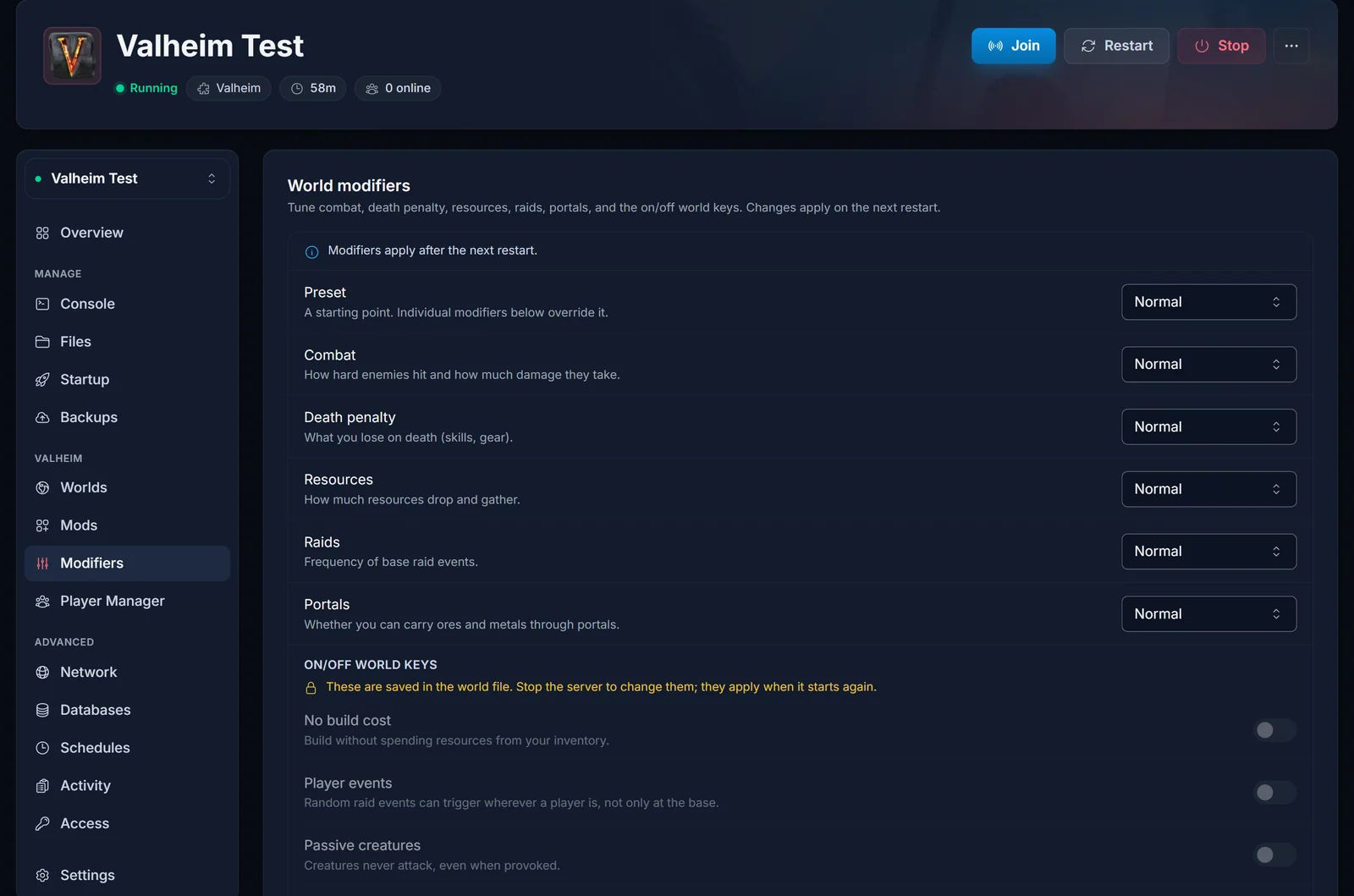 Fliken Modifierare på en Valheim-server i DoomHosting-panelen, med förinställningen, de fem graderade modifierarna och början på avsnittet med på/av-världsnycklar