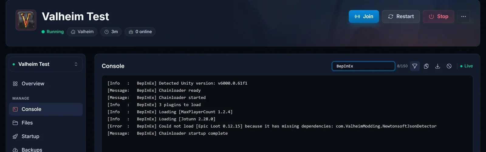 Valheims serverkonsol i panelen med raderna från BepInEx chainloader och Loading MaxPlayerCount 1.2.4