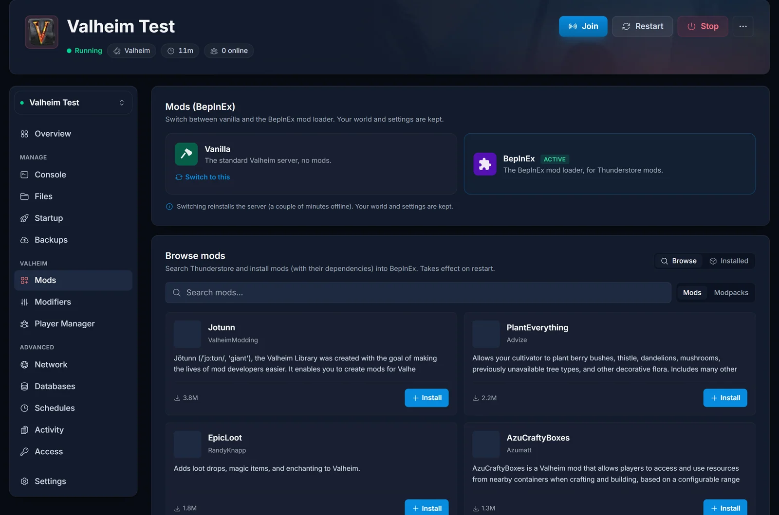 Zakładka Mods dla Valheim w panelu DoomHosting z kafelkami loaderów Vanilla i BepInEx