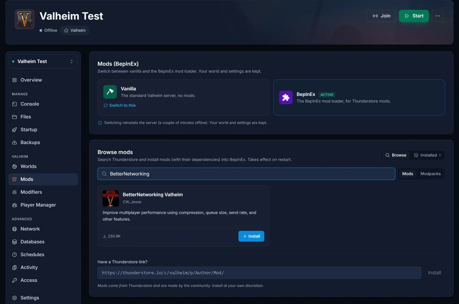 Mods fanen i DoomHosting panelet med BetterNetworking Valheim fundet i søgeresultaterne